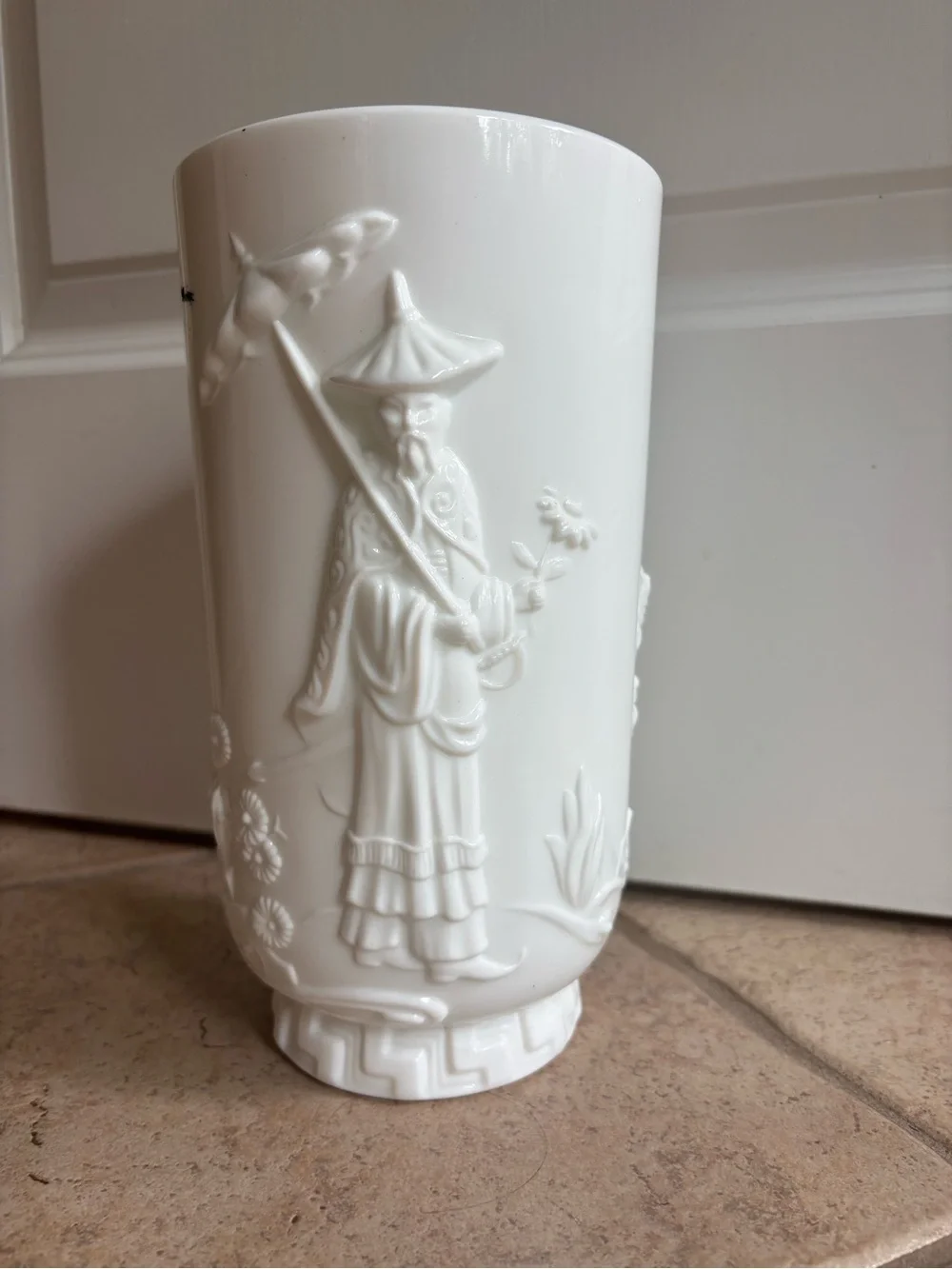 Vintage Fenton Asian Empress Milk Glass White Relief Decorative Vase Yang